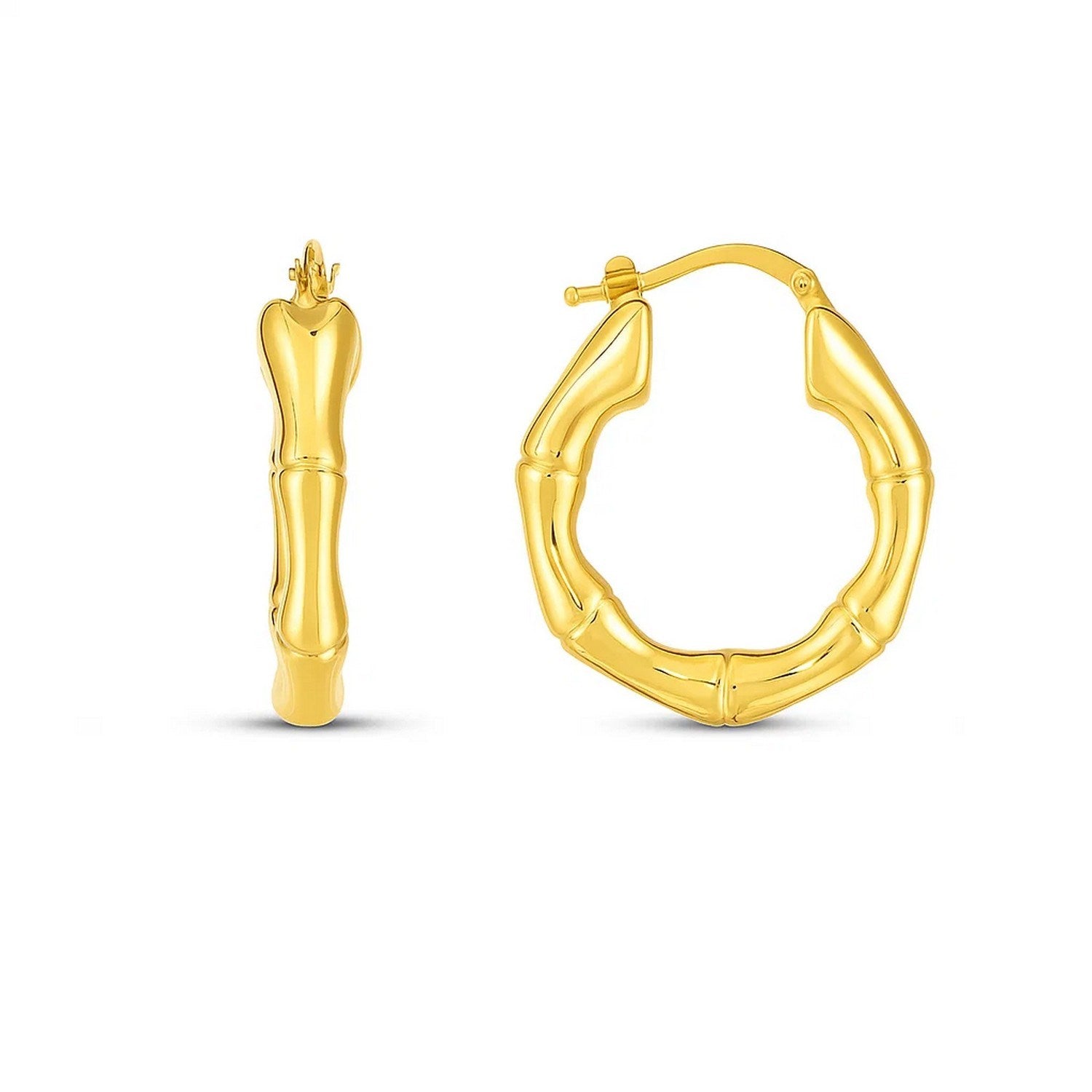 14k Yellow Gold Medium Bamboo Hoop Earrings in a sleek high-contrast midnight luxury editorial style